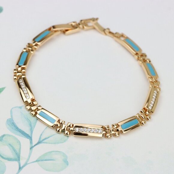 "Elegant Rose Gold Bracelet with Blue Enamel and CZ Accent Links, XPBL0738 - Picture 3 of 12